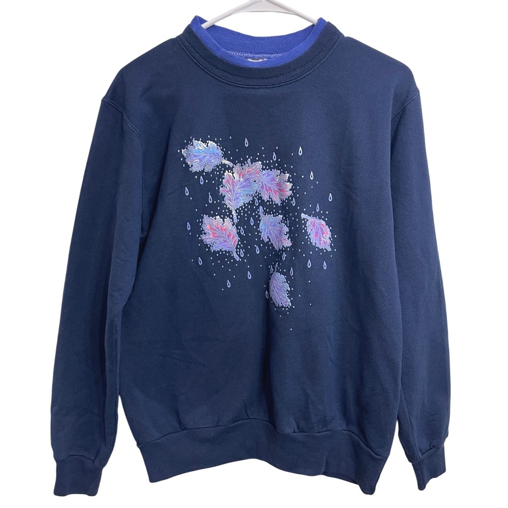 Vintage 90s Morning Sun Blue Grandma Sweater Artsy Graphic Leaves Nature Size S